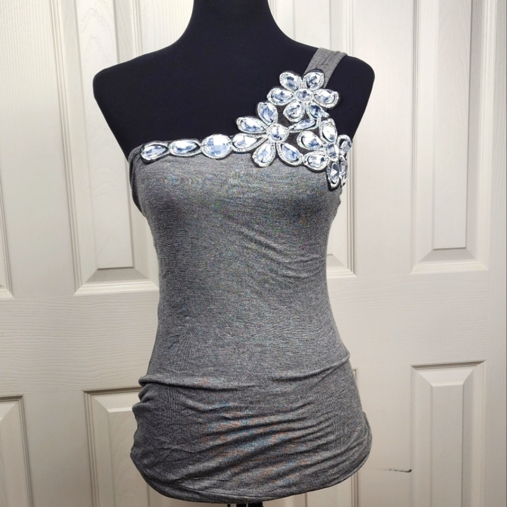 Body C Jeweled One Shoulder Floral Gray Top Size Small